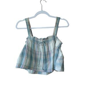 American Eagle Linen Blend Stripe Flounce Crop Tank Top small